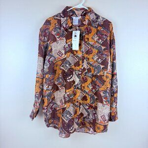 NWT Jack Mulqueen 100% Silk Button Front Shirt Travel Map Novelty Print Men's M